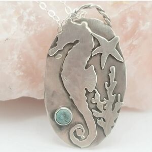 SEA HORSE TURQUOISE PENDANT HANDMADE IN STERLING SILVER METAL ABOUT 2"